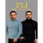 Efnaz Style Erkek Fitilli Triko Kazak 2li Set Bebek Mavisi Siyah Regular Balıkcı Yaka Tam Boğazlı Triko Seti Modeli Kazak - Bebe Mavisi - Siyah