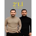 Efnaz Style Erkek Fitilli Triko Kazak 2li Set Bej Siyah Regular Balıkcı Yaka Tam Boğazlı Triko Seti Modeli Kazak - Çok Renkli - XL