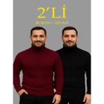 Efnaz Style Erkek Fitilli Triko Kazak 2li Set Bordo Siyah Regular Balıkcı Yaka Tam Boğazlı Triko Seti Modeli Kazak - Çok Renkli - XL