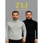 Efnaz Style Erkek Fitilli Triko Kazak 2li Set Gri Siyah Regular Balıkcı Yaka Tam Boğazlı Triko Seti Modeli Kazak - Çok Renkli