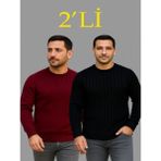 Efnaz Style Erkek Fitilli Triko Kazak 2’li Set – Siyah - Bordo, Kalın Dokuma Pamuklu Regular Fit Bisiklet Yaka Uzun Kollu Rahat Kışlık Kazak Kombini - XL
