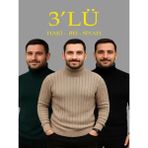 Efnaz Style Erkek Fitilli Triko Kazak 3lü Set Bej Haki Siyah Regular Balıkcı Yaka Tam Boğazlı Triko Seti Modeli Kazak - Çok Renkli - 2XL