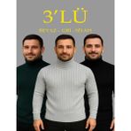 Efnaz Style Erkek Fitilli Triko Kazak 3lü Set Gri Haki Siyah Regular Balıkcı Yaka Tam Boğazlı Triko Seti Modeli Kazak - Çok Renkli - XL