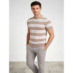 Efnaz Style Erkek T-Shirt Çizgili Triko Dokuma Bisiklet Yaka Tişört - Bej - XL
