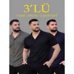 Efnaz Style Erkek Waffle Dokuma Açık Yakalı Düğmeli Regular Kalıp 3’lü Gömlek Seti - Siyah, Haki, Lacivert - Çok Renkli - 2XL