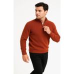 Efnaz Style Erkek Yarım Fermuarlı Triko Kazak – Selanik Örgü, Dik Yaka, Pamuklu Dokuma, Regular Fit Uzun Kollu Kışlık Model - Kiremit - 2XL