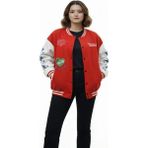 Efnaz Style Kırmızı Varsity Çıtçıtlı Baskılı Oversize Kalıp Kolej Ceket - Kırmızı