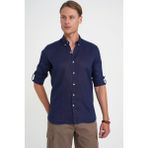 Efor Erkek Comfort Fit Düğme Yaka Katlanır Kol %100 Keten Düz Lacivert Gömlek G 1595 - 3XL