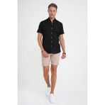 Efor Erkek Comfort Fit Düğme Yaka Kısa Kollu %100 Keten Düz Siyah Gömlek G 1596 - 4XL