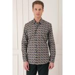 Efor Erkek Comfort Fit Klapalı Yaka Baskılı %100 Pamuklu Siyah Gömlek G 1576 - 2XL