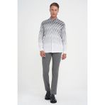Efor Erkek Comfort Fit Pano Desen Düğme Yaka %100 Keten Gri Gömlek G 1594 - 4XL