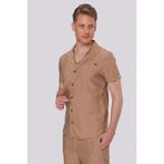Efor Erkek Slim Fit Keten Karışımlı Rahat Kalıp Apaş Yaka Kısa Kollu Camel Kahverengi Gömlek G 1549