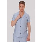 Efor Erkek Slim Fit Keten Karışımlı Rahat Kalıp Apaş Yaka Kısa Kollu Mavi Gömlek G 1549
