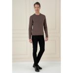 Efor Erkek Slim Fit Ribanalı Vizon Kahverengi Yünlü Bisiklet Yaka Triko Kazak TR 875 - 2XL