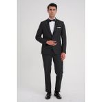 Efor Slim Fit Çift Yıtmaç Fleto Cep Çıkarılabilir Saten Yaka Siyah Damatlık Smokin Takım Black 083 - 6 Drop - 48