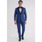 Efor Slim Fit Çıkarılabilir Şal Saten Yaka Parlement Mavi Yelekli Damatlık Smokin Takım Black 072 - 4 Drop - 56