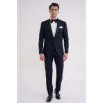 Efor Slim Fit Fleto Cep Çıkarılabilir Saten Yaka Düz Lacivert Damatlık Smokin Takım Altro 032 - 4 Drop - 44