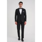 Efor Slim Fit Tek Düğme Fleto Cep Çıkarılabilir Saten Yaka Siyah Damatlık Smokin Takım Black 084 - 6 Drop - 50