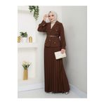 EFSUN MODA PİLELİ ETEKLI CEKETLI GOLD DÜĞMELİ KEMERLİ BLAZER TESETTÜR TAKIM KAHVE 806