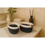Efuliz Home Jüt Hasır Desenli 2'li Oval Sepet,düzenleyici-Organizer-Banyo-Saklama Sepeti,ekmek-Çeyizlik Sepet - 22X12 - Siyah - Beyaz