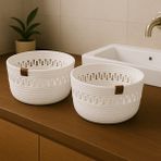 Efuliz Home Jüt Hasır Desenli 2'li Yuvarlak Sepet,düzenleyici-Organizer-Banyo-Saklama Sepeti,ekmek-Çeyizlk Sepet - Beyaz