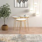 Ege Modüler Beyaz Gold Metal Ayaklı Gold Detaylı 3 Lü Zigon Sehpa Yuvarlak - Beyaz - Altın