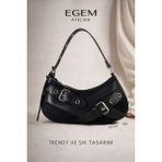Egem Atelier Kuşgözü Kemer Toka Detaylı Orta Boy Kadın Baget Omuz Çanta - Siyah