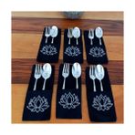 Egg Baby Lotus Çiçeği Işlemeli Kaşıklık Servis Sunum 6 Kişilik Tasarım Çatal Bıçak Kılıfı - 10 x 22 cm - Siyah