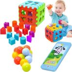 Eğitici Geometrik Bultak Küp + Sesli Işıklı Telefon + 10 Top Hediyeli - Pembe
