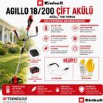 Einhell Agillo 18/200 Çift Akülü 4 Ah Yan Tırpan + Iş Gözlüğü ve Iş Eldiveni Hediye