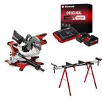 Einhell TE-SM 36/10 L Li - Solo, Akülü Gönye Testere + Einhell 18V 2 x 4,0 Ah PXC Twincharger Kit, Akü & Şarj Cihazı + Einhell MSS 1608, Gönye Kesme Standı