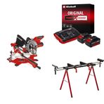 Einhell TE-SM 36/210 Li - Solo Akülü Gönye Testere + 18V 2 x 4,0 Ah PXC Twincharger Kit, Akü ve Şarj Cihazı + MSS 1608, Gönye Kesme Standı