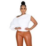 Ekaliy Kadın Seksi Bir Omuz Kolsuz Bodycon Yüksek Düşük Asimetrik Fırfır Tunikler Bluz Gömlek Üst Elbise, Long1# beyaz, S