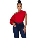 Ekaliy Kadın Seksi Bir Omuz Kolsuz Bodycon Yüksek Düşük Asimetrik Fırfır Tunikler Bluz Gömlek Üst Elbise, Long1# kırmızı, L