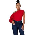 Ekaliy Kadın Seksi Bir Omuz Kolsuz Bodycon Yüksek Düşük Asimetrik Fırfır Tunikler Bluz Gömlek Üst Elbise, Long1# kırmızı, M