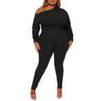 Ekaliy Seksi 2 parça kıyafetler kadınlar için bir kapalı omuz üstleri nervürlü pantolon seti eşofman Clubwear, 6016-siyah, XL