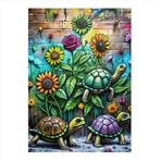 Ekart Sevimli Kaplumbağalar Ve Çiçekler Hediyelik Mdf Tablo 35 cm x 50 cm