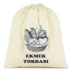 Ekmek Torbası, Pamuk Bez Torba, 40x40 cm, Baskılı Ekmek Desenli, Krem Rengi