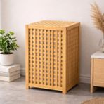 EkoAlışverişDünyam Kalın Ahşap Bambu Kirli Çamaşır Sepeti Kumaş Çantalı SEPET=40X40X58CM (5510)