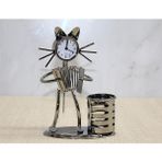 EkoAlışverişDünyam Metal Akordiyon Çalan Müzisyen Kedi Saat ve Kalemlik
