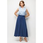 Ekol Kadın Beli Bağcıklı Pileli Maxi Etek 3038 Indigo - 40