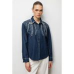 Ekol Kadın Taş Işlemeli Denim Görünümlü Gömlek 2910 Indigo - 40