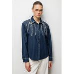 Ekol Kadın Taş İşlemeli Denim Görünümlü Gömlek 2910 Indigo