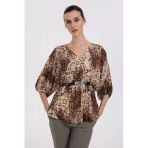 Ekol Oversize V Yaka Desenli Şifon Bluz - 3/4 Kol
