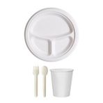 Ekolojik 26 Cm. 3 Bölmeli 48 Kişilik Parti Piknik Sofra Sunum Seti -tabak Bardak Çatal Kaşık Takımı Beyaz
