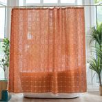 Ekose Pamuklu Keten Duş Perdesi Püsküllü Çiftlik Evi Banyo Dekoru Yıkanabilir Zarif Tasarım Turuncu 183 x 244 cm