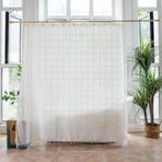 Ekose Pamuklu Keten Püsküllü Duş Perdesi Zarif Çiftlik Evi Banyo Dekoru Yıkanabilir Beyaz 183 x 214 cm