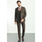 Ekoseli Kahverengi Slim Fit Mono Yaka Erkek Takım Elbise - 48 - 6 Drop