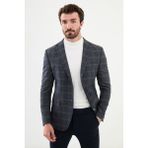 Ekoseli Lacivert Slim Fit Mono Yaka Klasik Erkek Ceket - 46