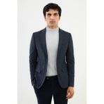 Ekoseli Lacivert Slim Fit Mono Yaka Klasik Yün Erkek Ceket - 52